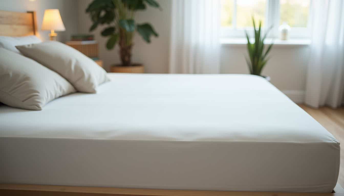 A mattress protector is neatly placed on a clean bed in a cozy bedroom.