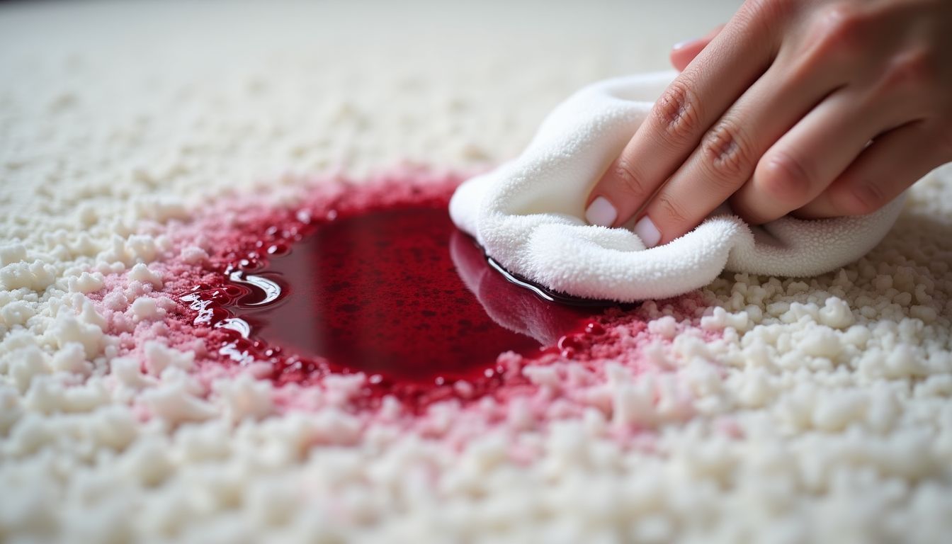 Close-up of white carpet with red wine stain being cleaned.