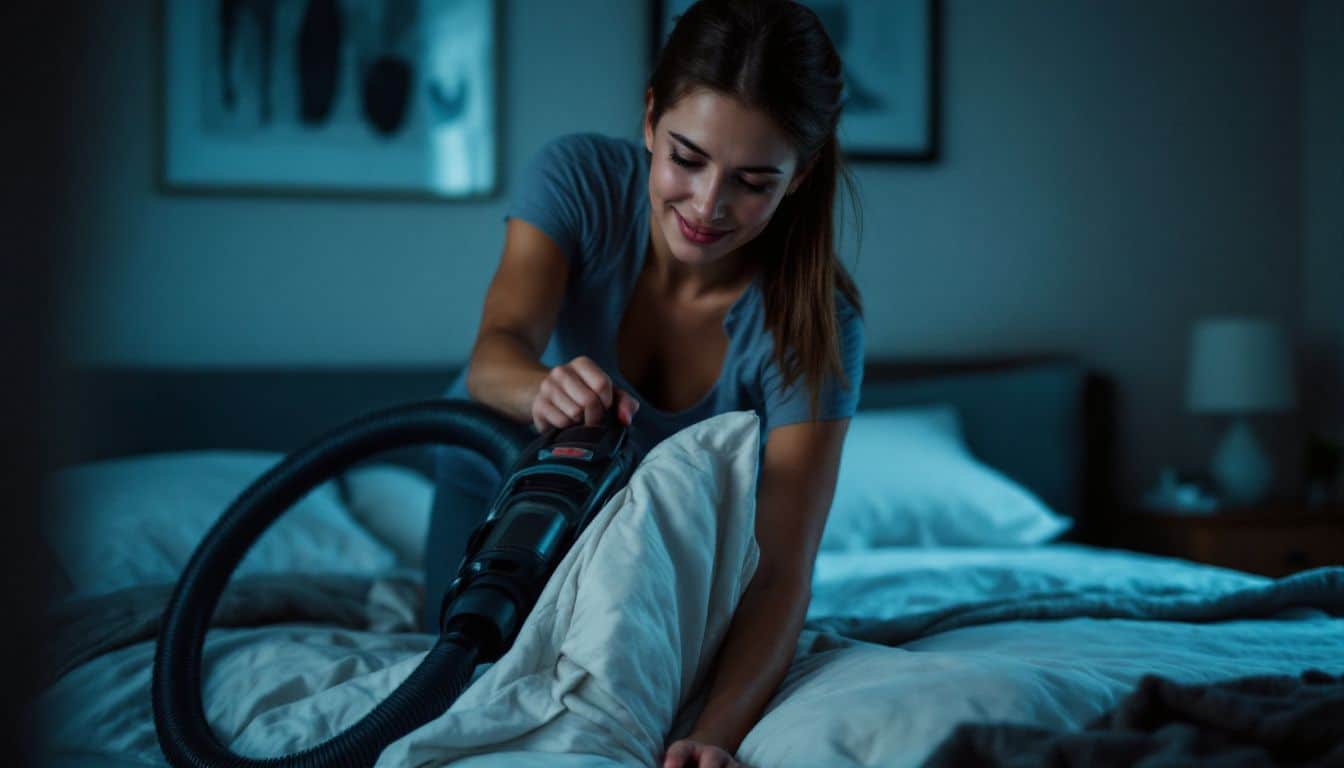 A woman in her 30s vacuuming her mattress with upholstery attachment.