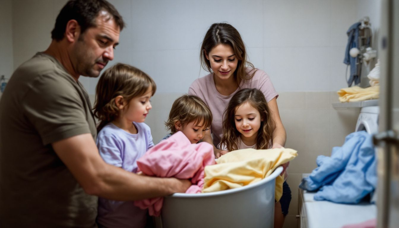 A family of four doing laundry in a casual, everyday setting.