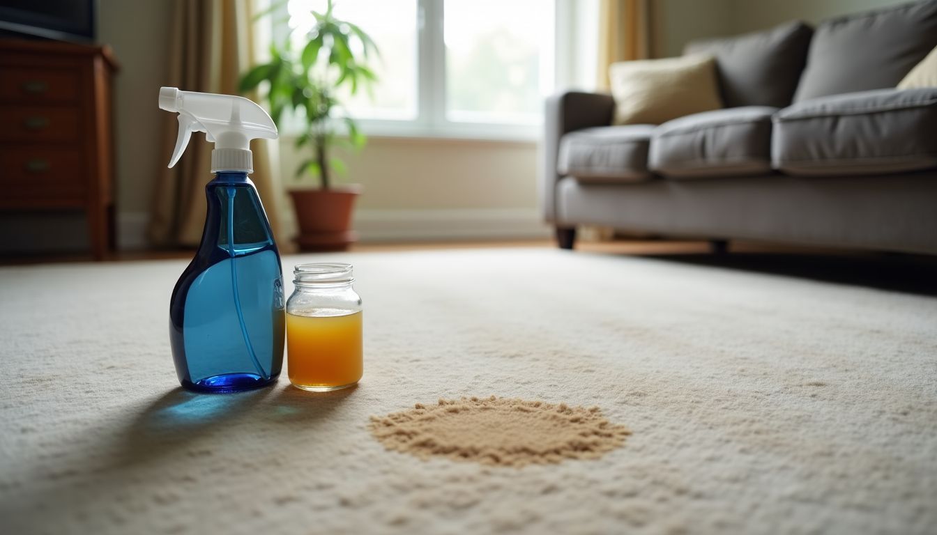 A living room with a stained carpet and cleaning products ready.