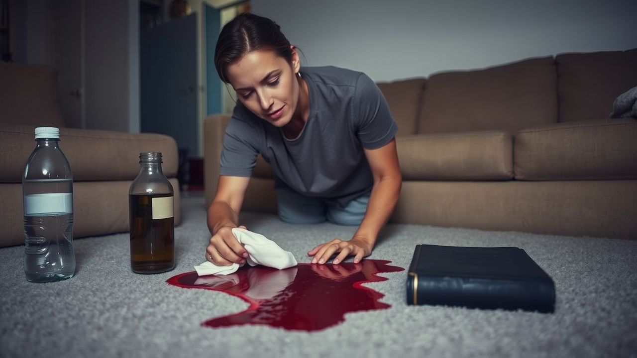 A woman in her 30s removes a red wine stain from carpet.