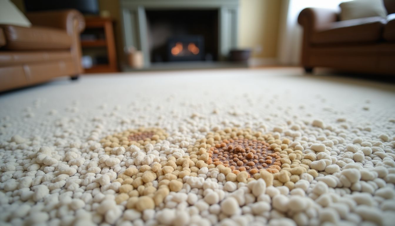 A well-used living room carpet with various stains needs cleaning.