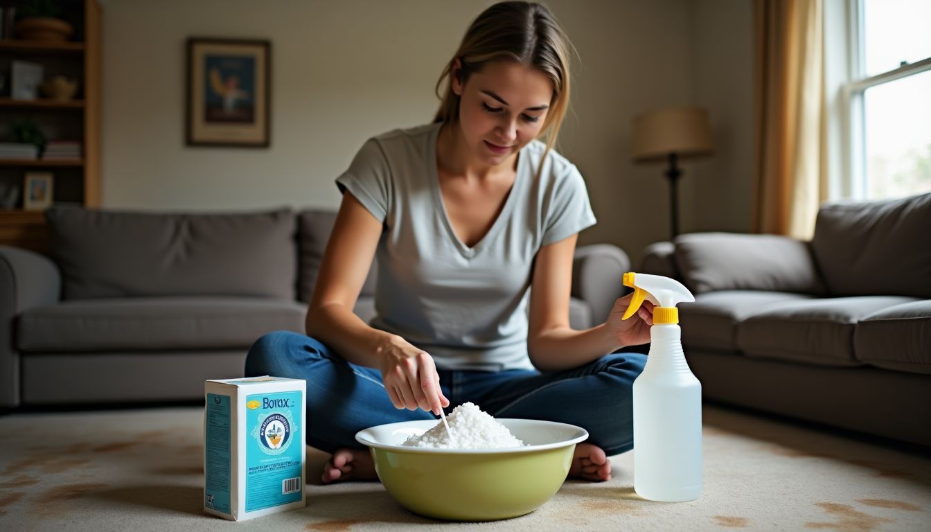 A woman is mixing cleaning solutions to remove stains from a carpet.