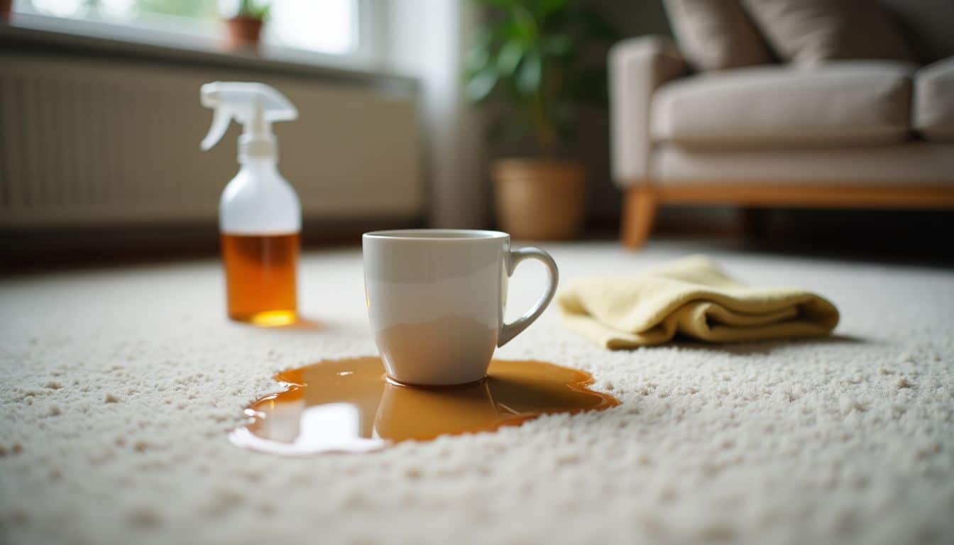 A spilled cup of coffee on a carpet with stain remover.