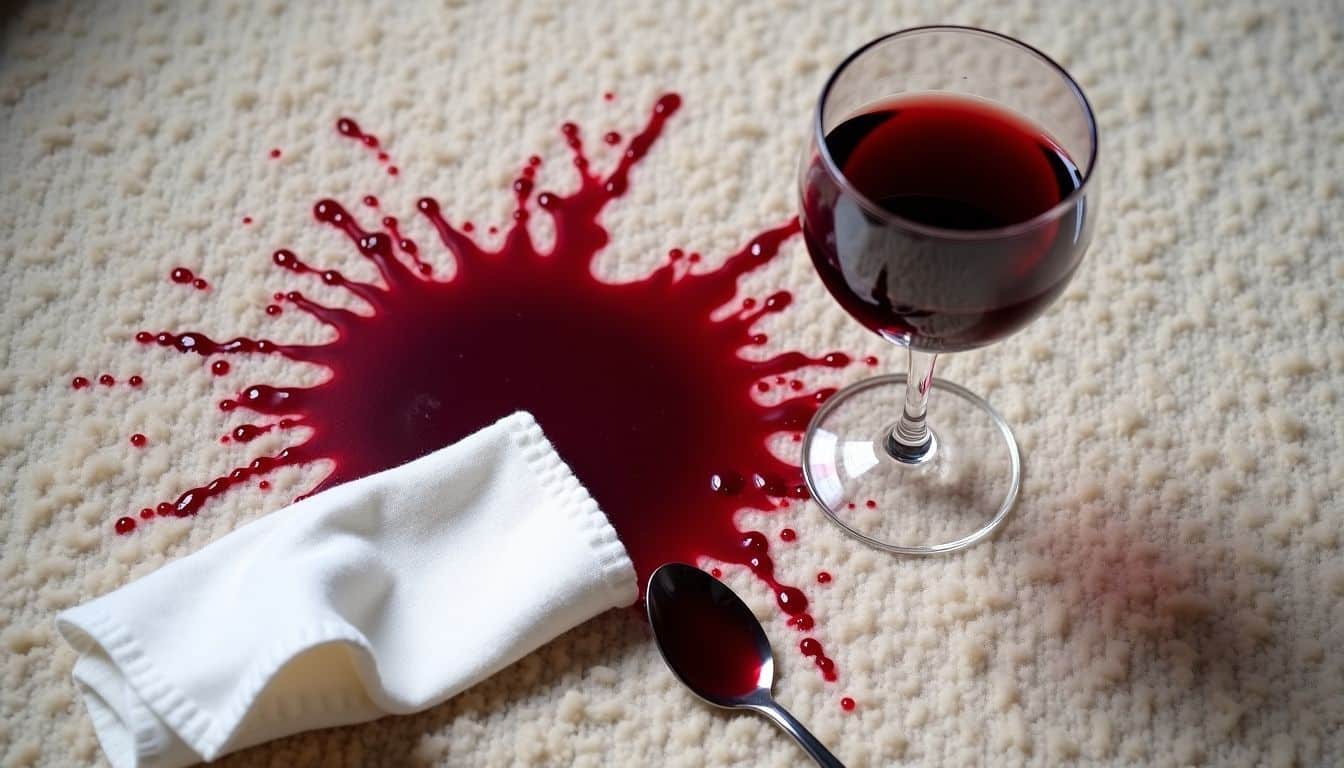 A spilled glass of red wine on a light-colored carpet being cleaned.