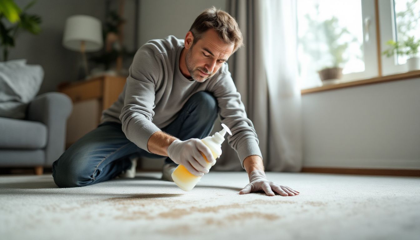 Middle-aged person cleaning fresh carpet stain with stain remover in home.