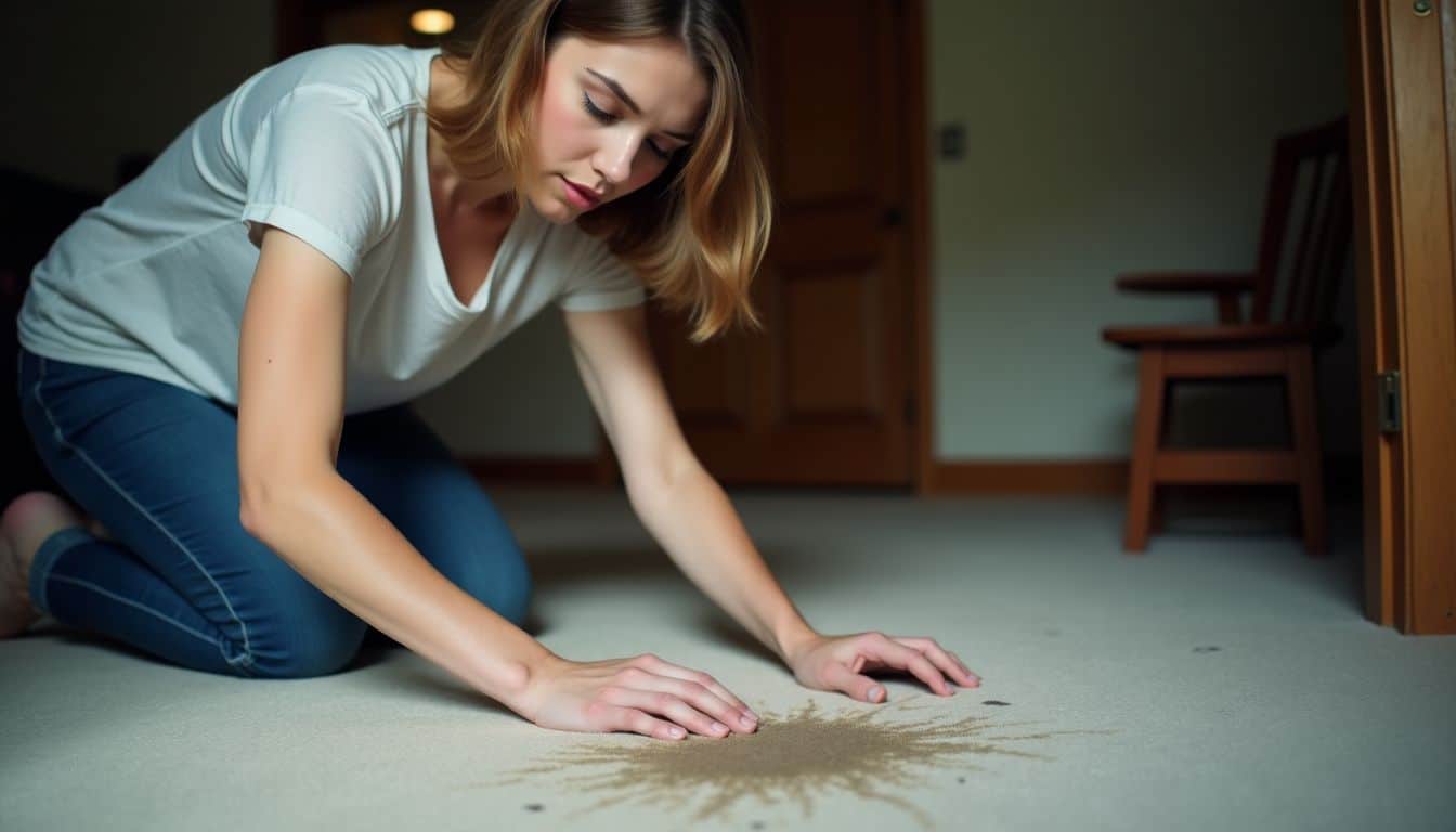 A person scrubbing a carpet stain with baking soda and vinegar.