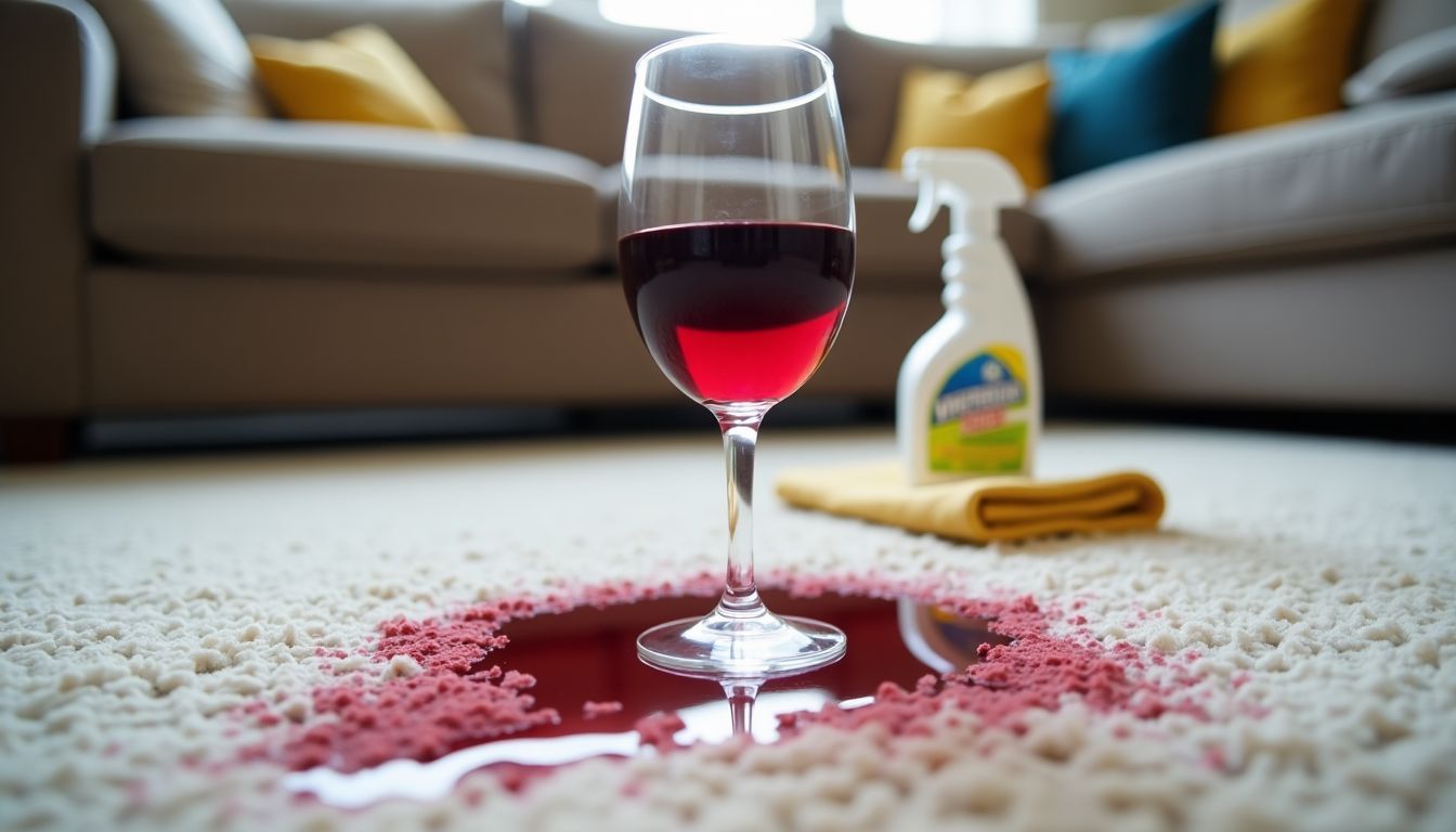 Spilled red wine on light carpet with cleaning supplies nearby.