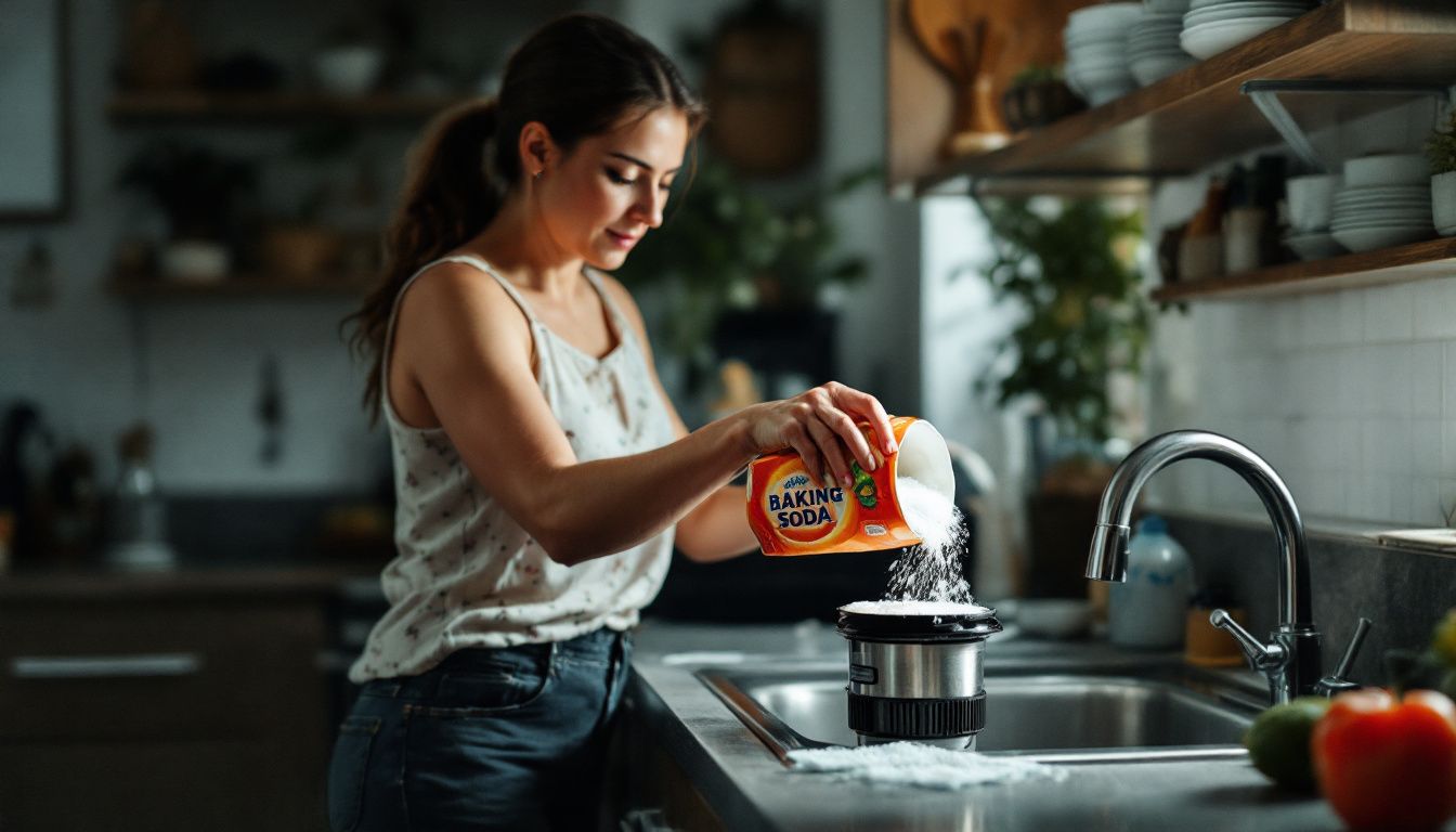 A woman pours baking soda into a kitchen sink garbage disposal.