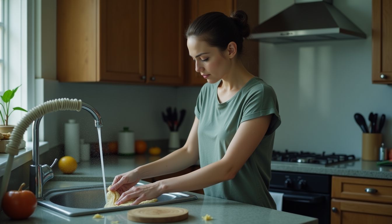 A woman is cleaning a garbage disposal in a messy kitchen.