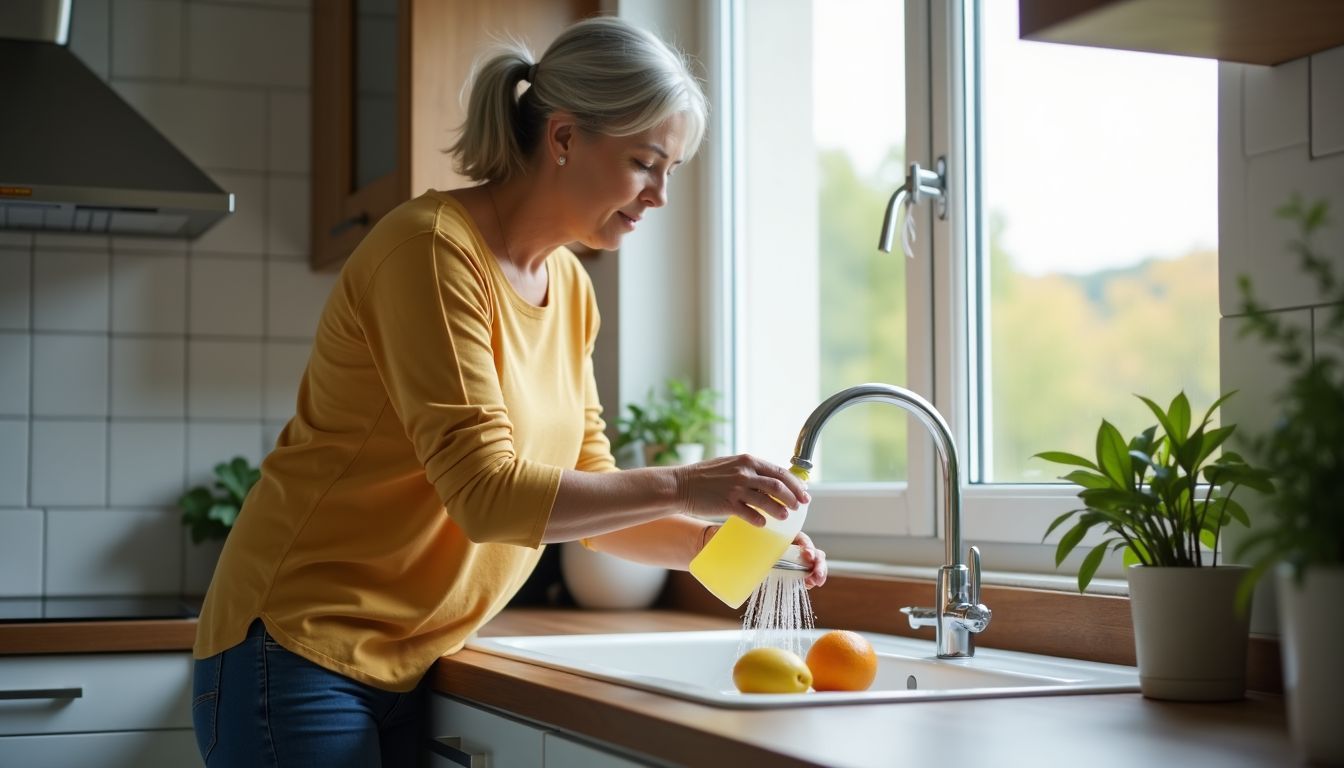 A woman in her 40s cleans her kitchen sink with homemade products.