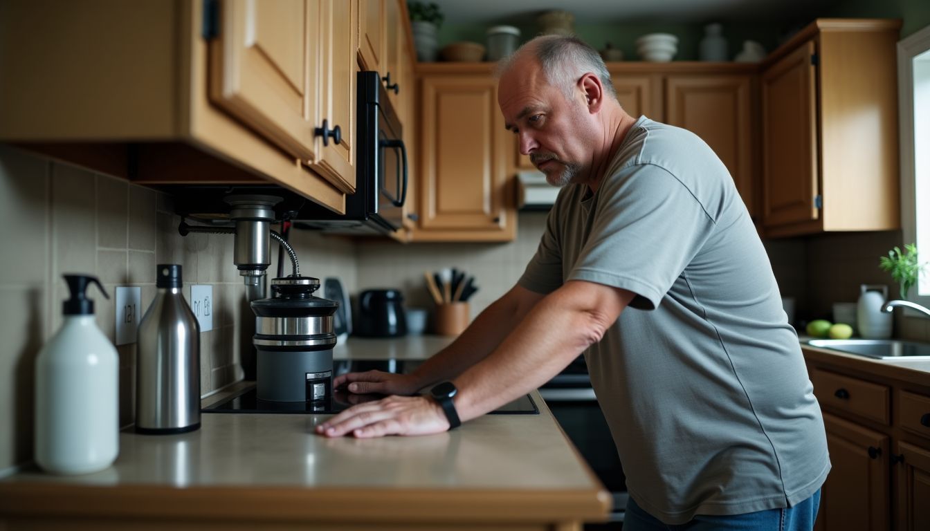 A man inspects leaking garbage disposal in a cluttered kitchen.