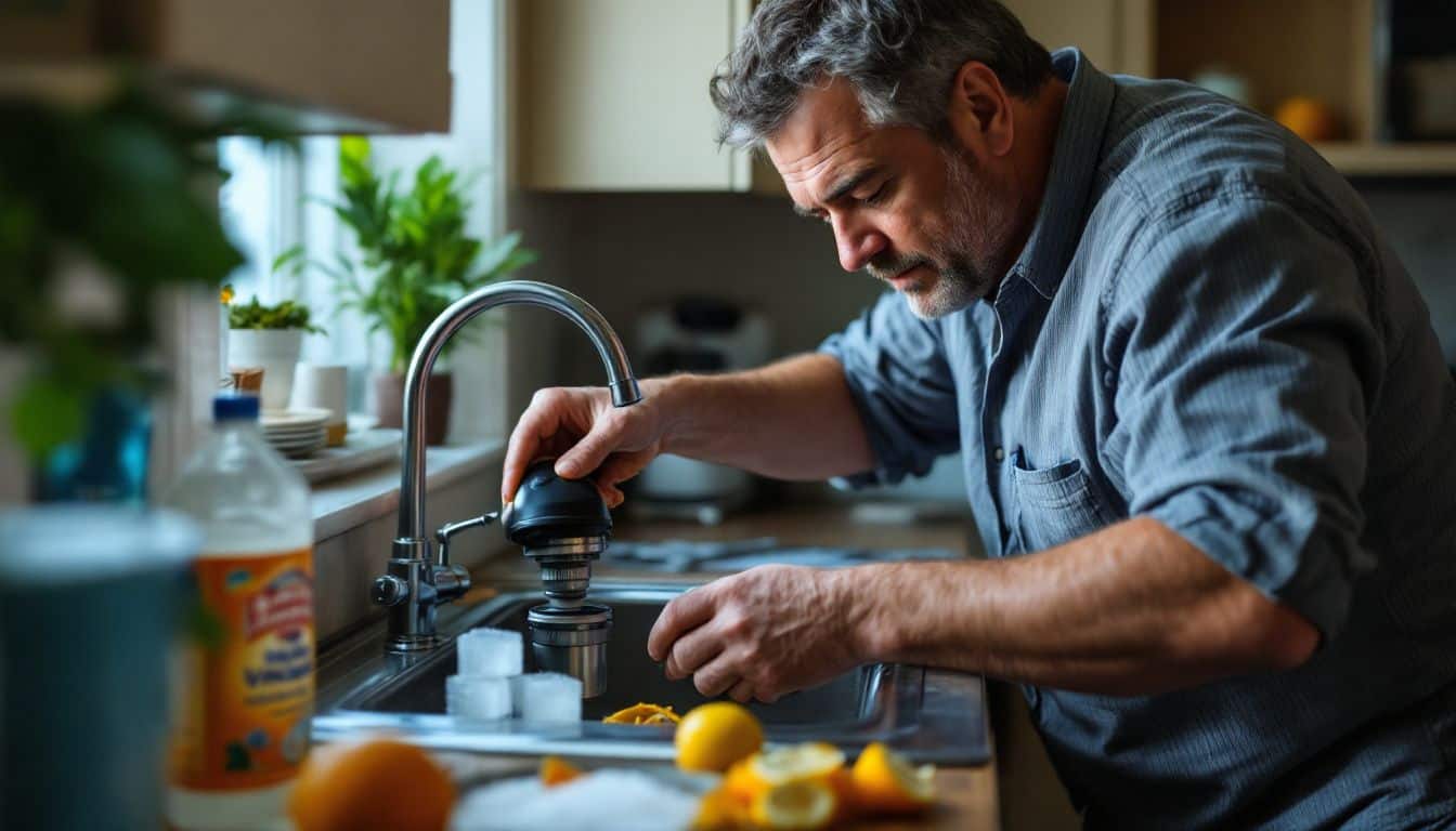 A man in his 40s cleaning a kitchen sink's garbage disposal unit.