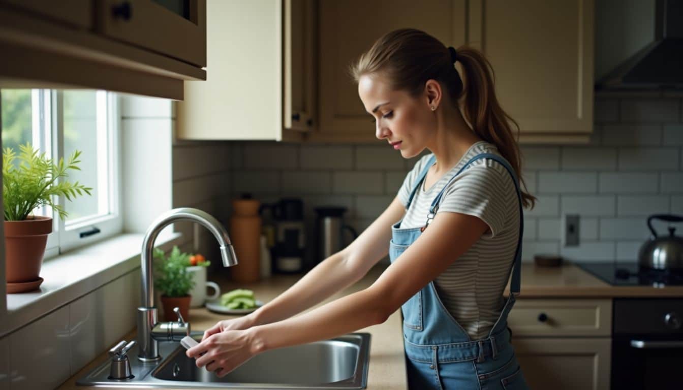 A woman in casual clothing cleaning a garbage disposal in a kitchen.