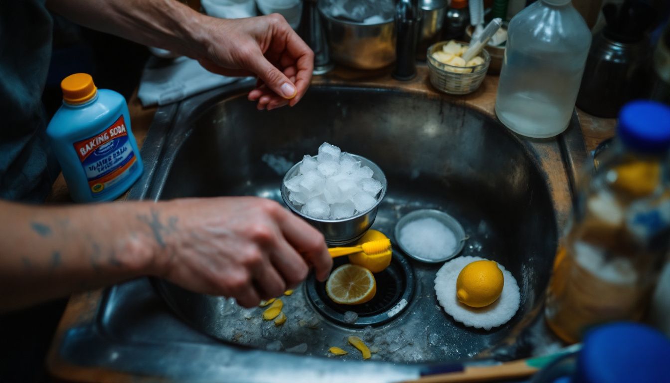 A person cleans a cluttered kitchen sink with household items.