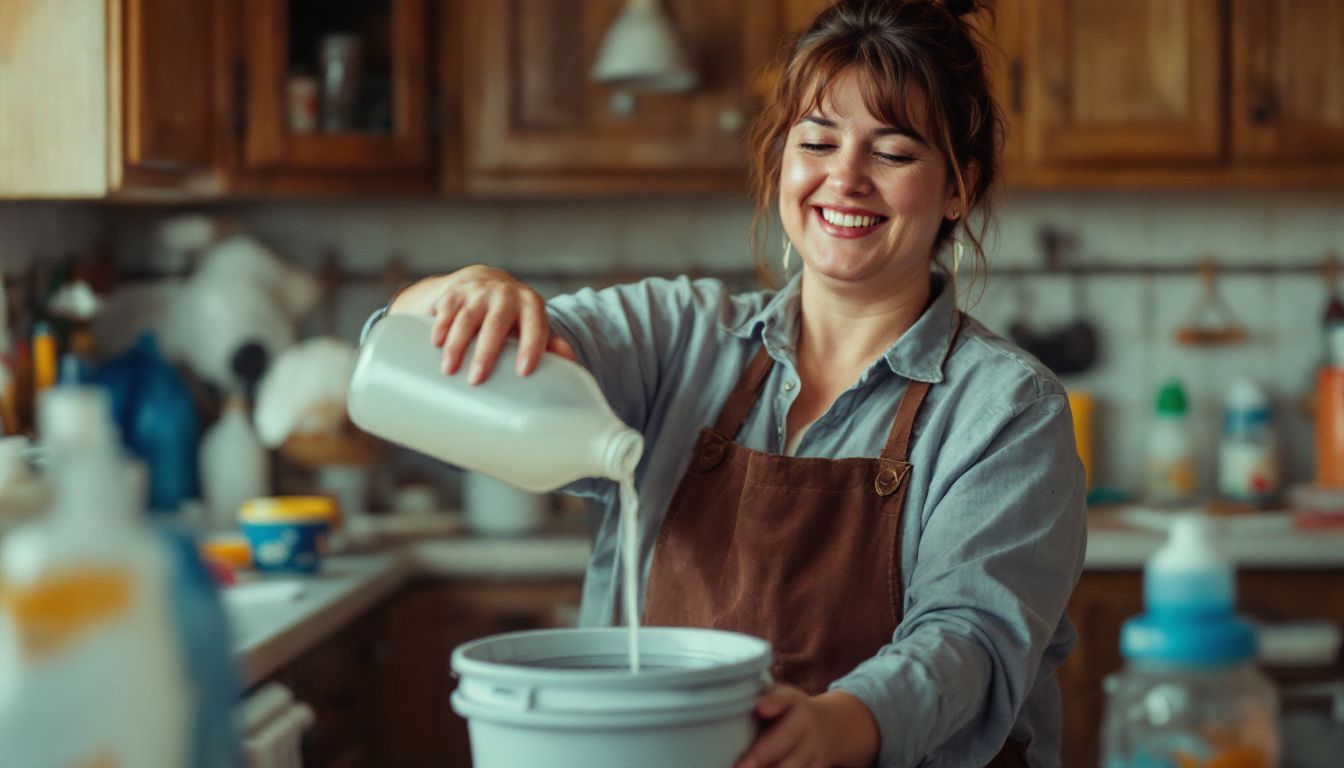 A middle-aged woman cleaning her kitchen with vinegar.