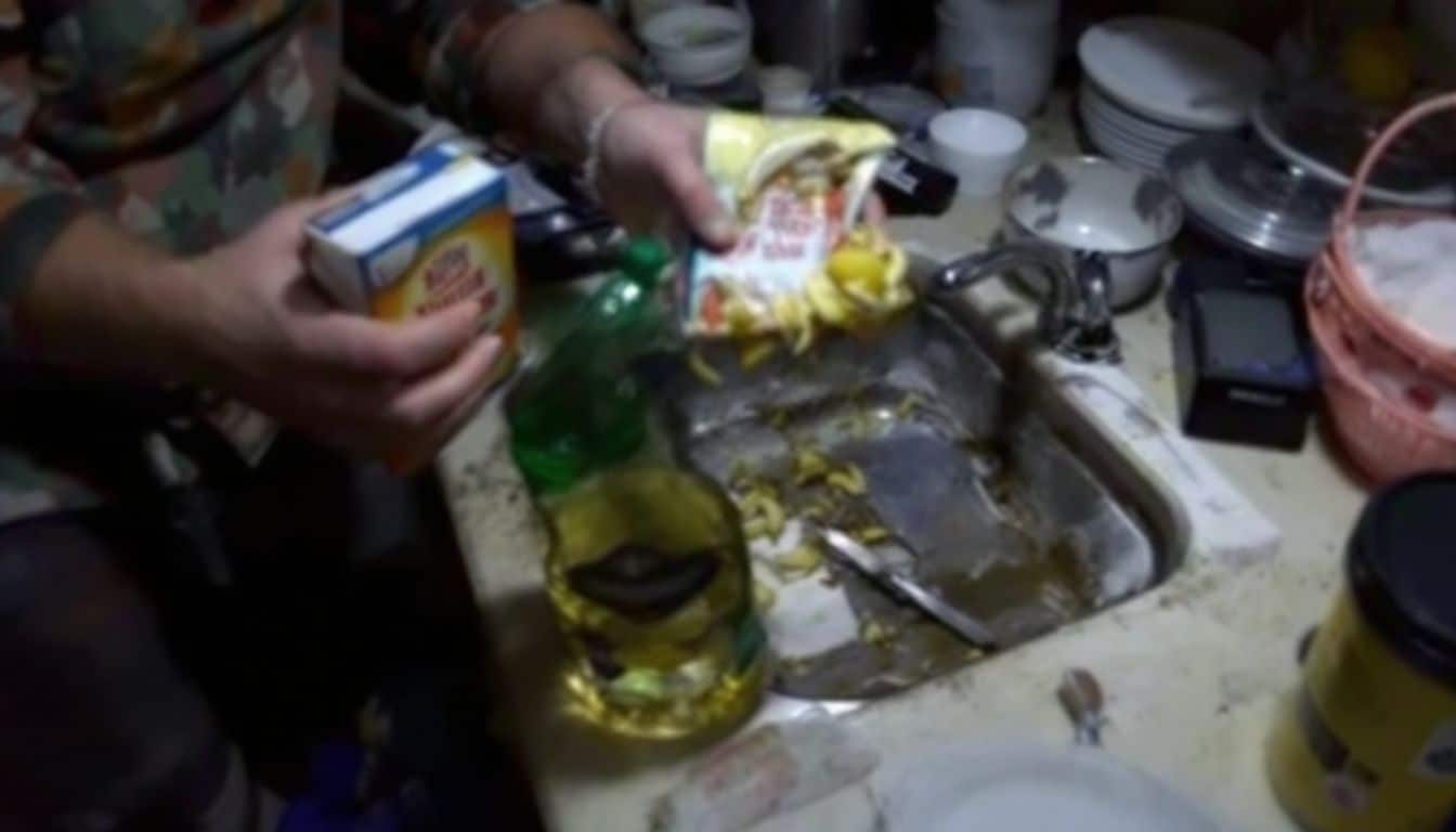 A person pours baking soda and lemon peels into a dirty garbage disposal.