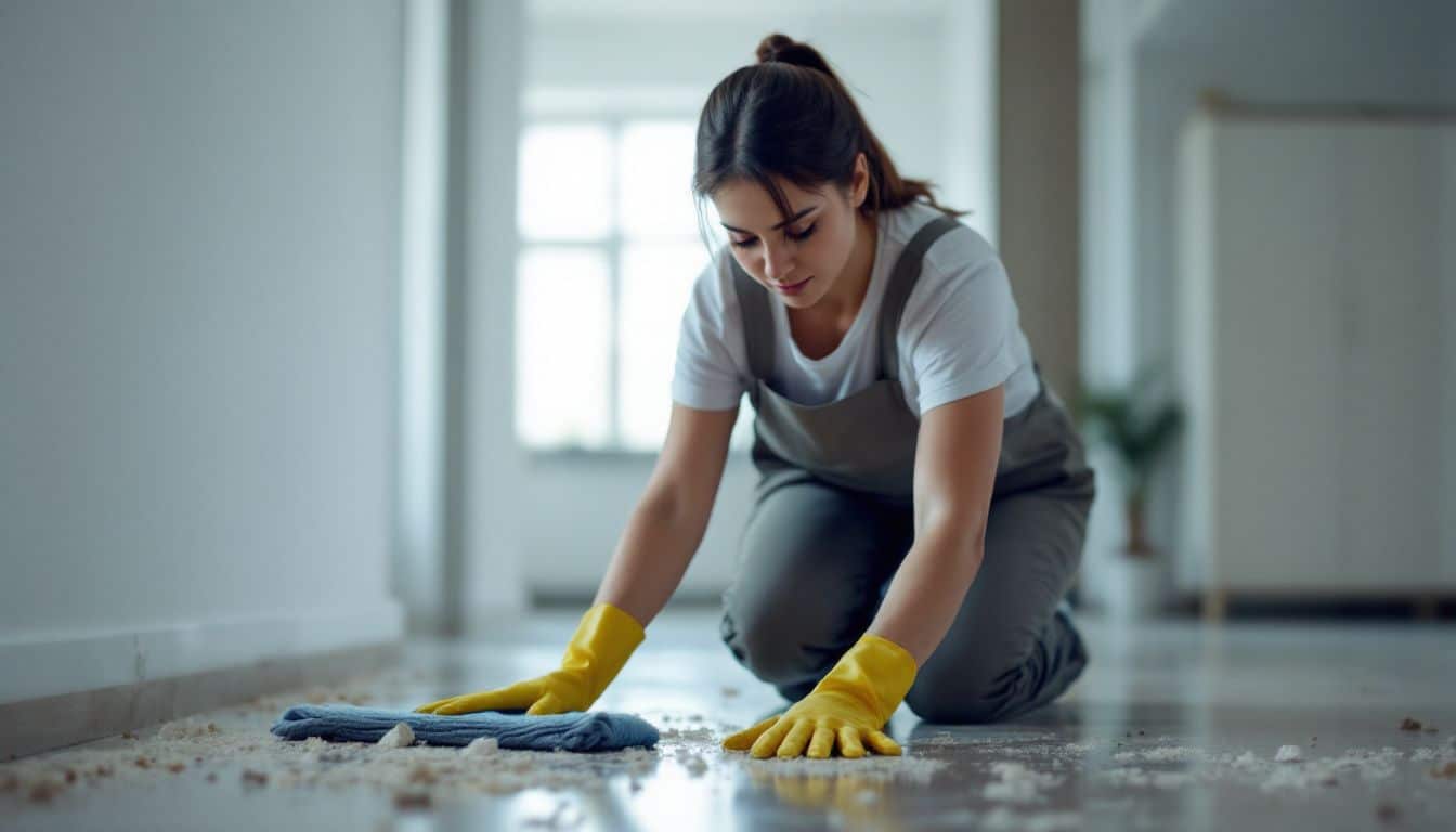 A professional cleaner working in a new office space.