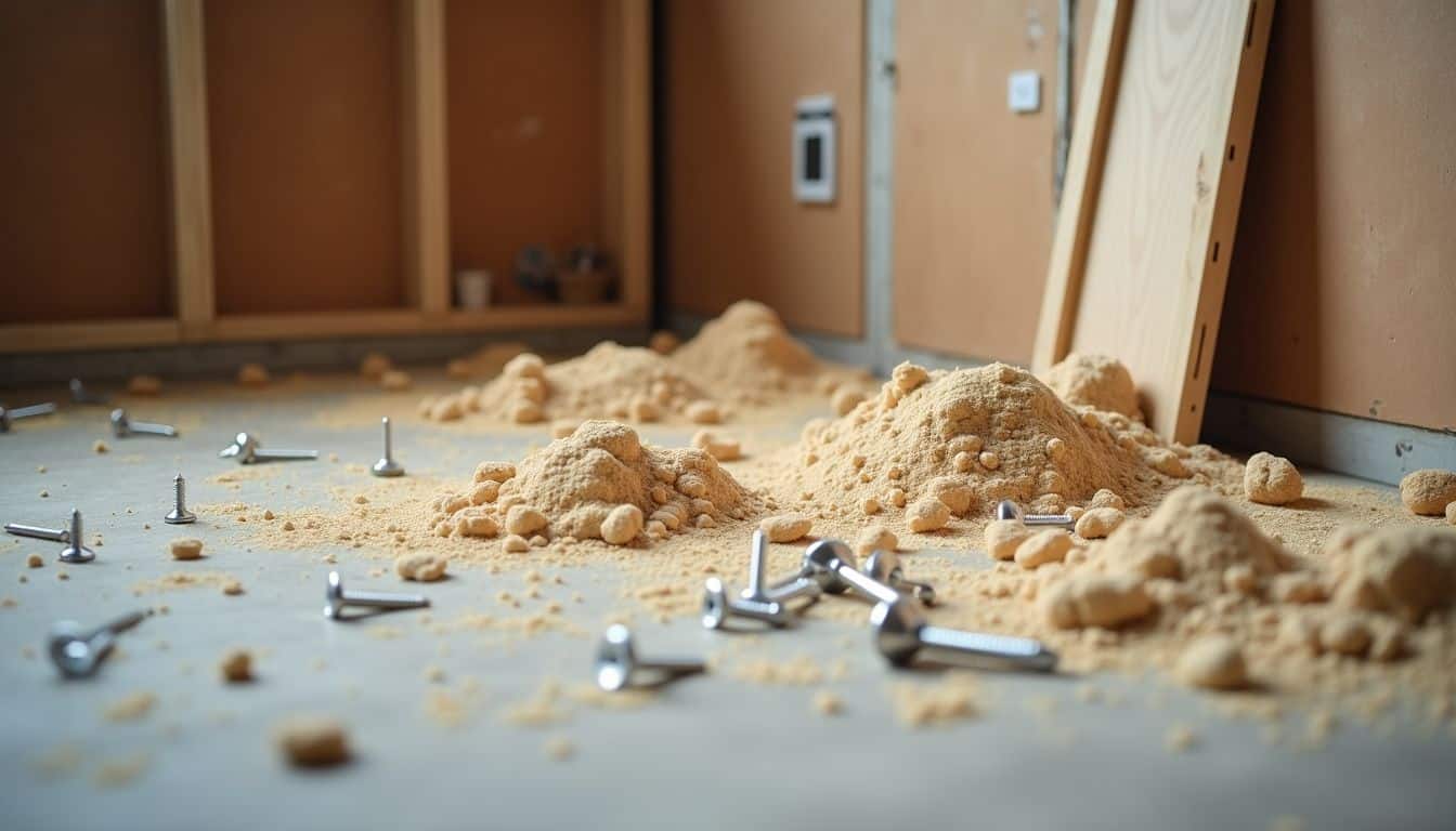 A messy construction site with sawdust, scattered screws, and debris.