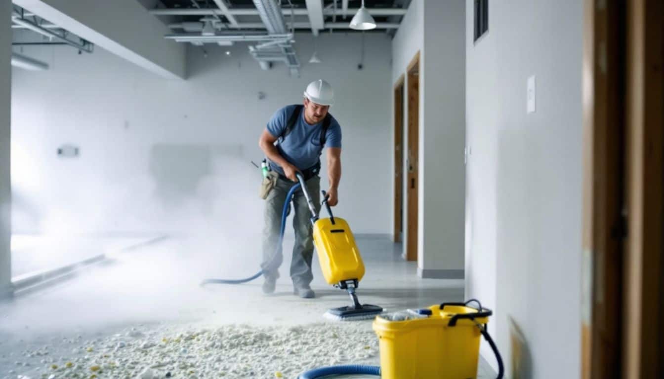 A person professionally cleaning a newly constructed area with cleaning equipment.