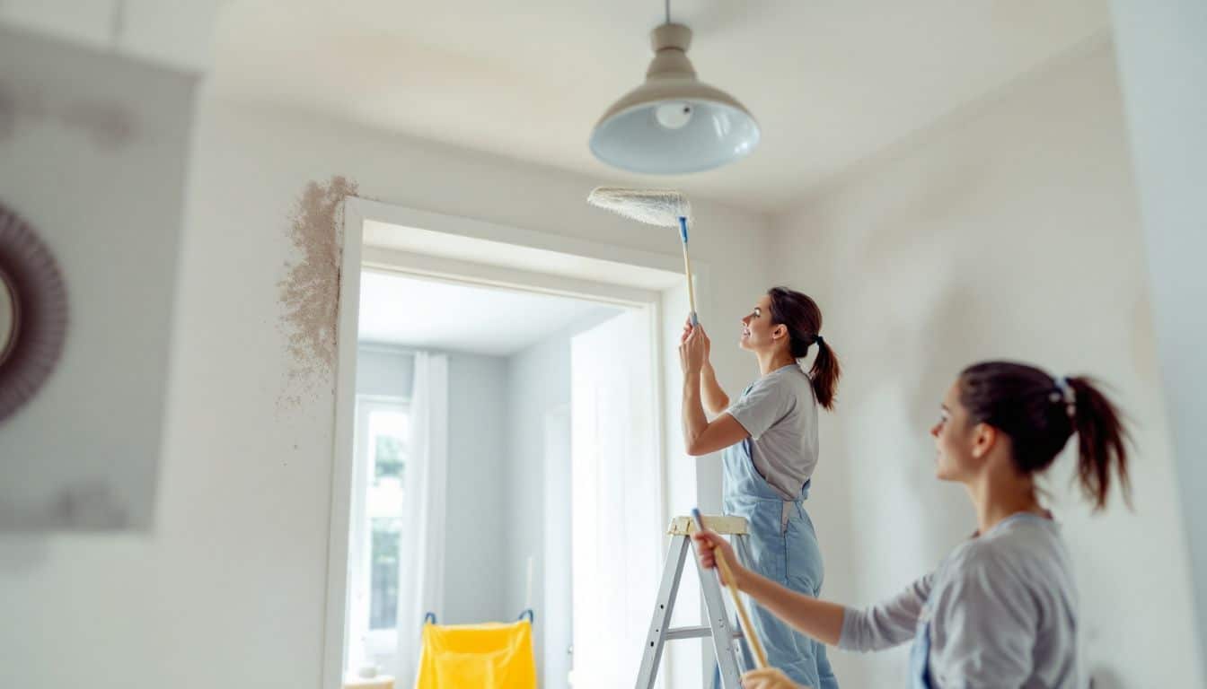 A team of cleaners work in a newly renovated home.