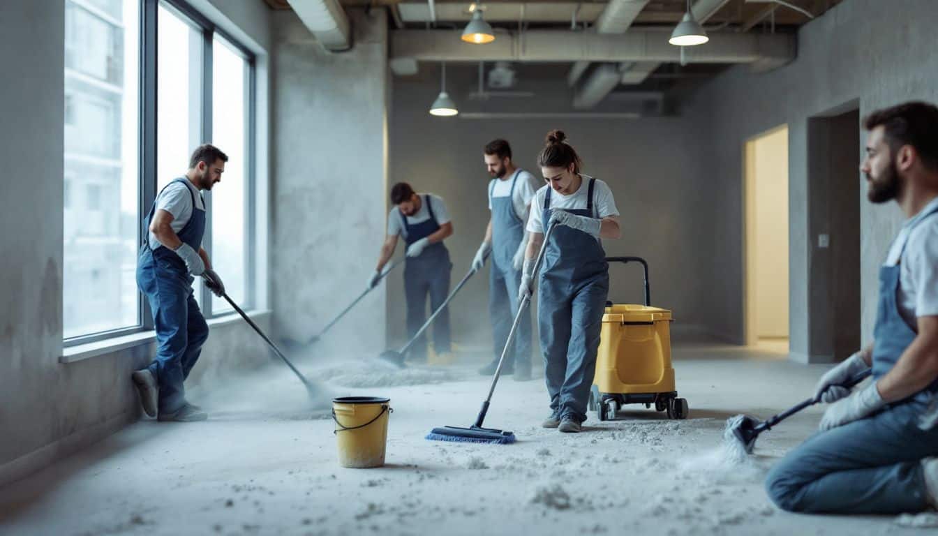 A team of professional cleaners working in a newly constructed office.