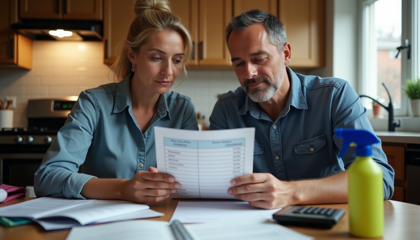 A couple sits at a cluttered kitchen table, discussing move-in cleaning costs.