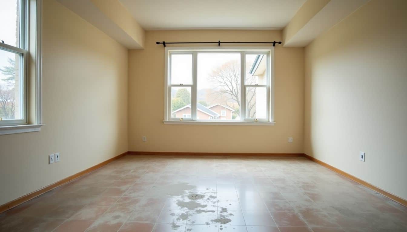 An empty living room in need of cleaning and maintenance.