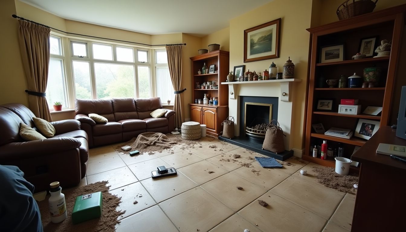 A cluttered living room with spilled drinks and dusty shelves.