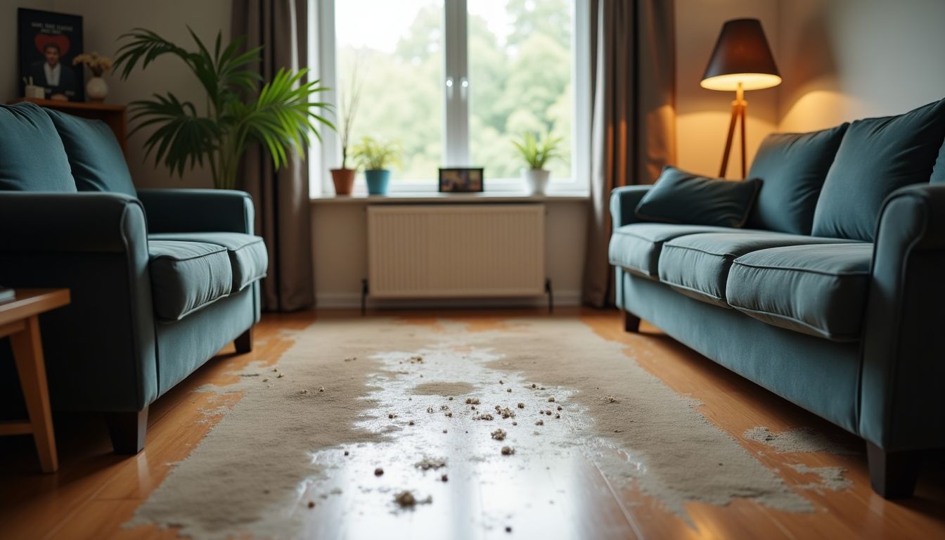 Cluttered, dusty living room corner in need of deep cleaning service.