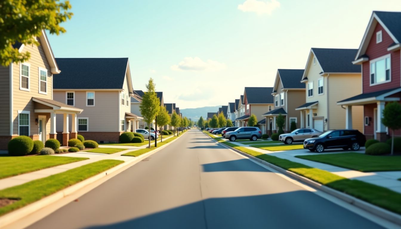 A suburban street with diverse styles and sizes of houses.