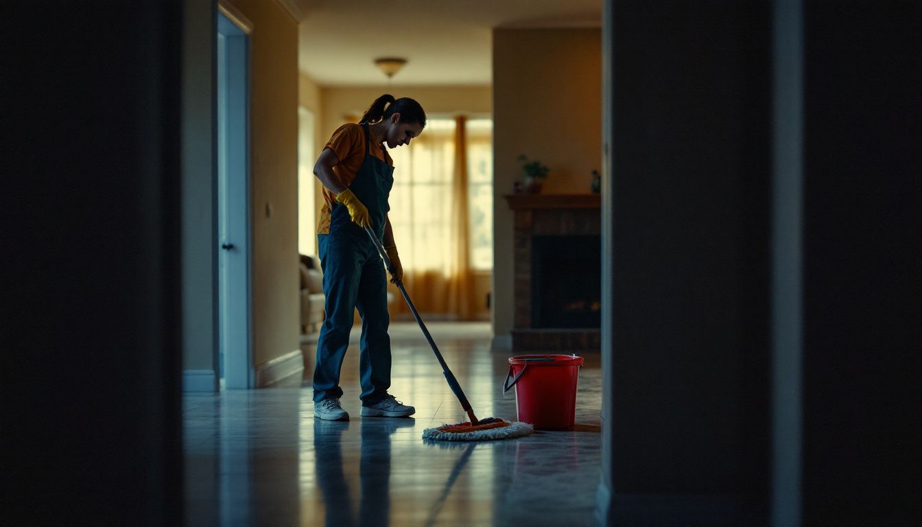 A professional cleaner mopping a spacious 2,000 square foot home.