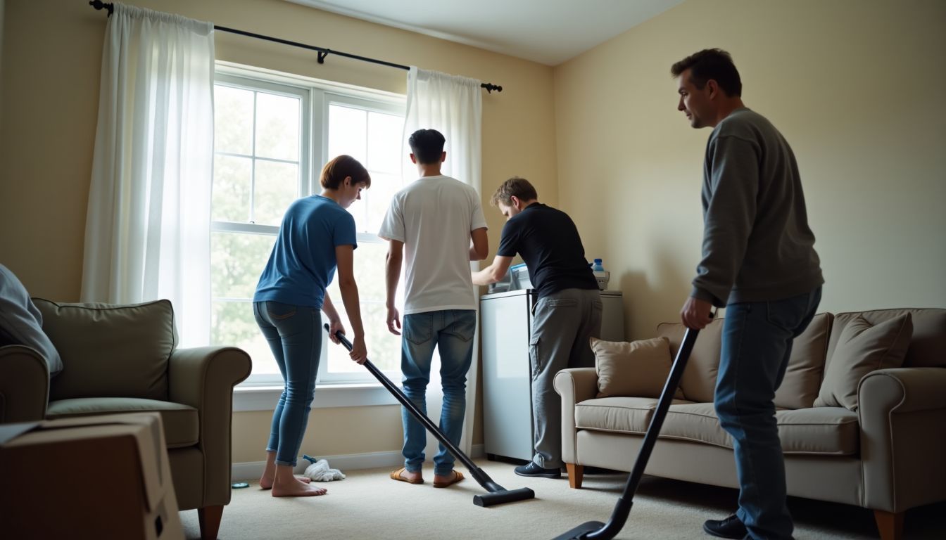 A cleaning service team tidying up a cluttered apartment.