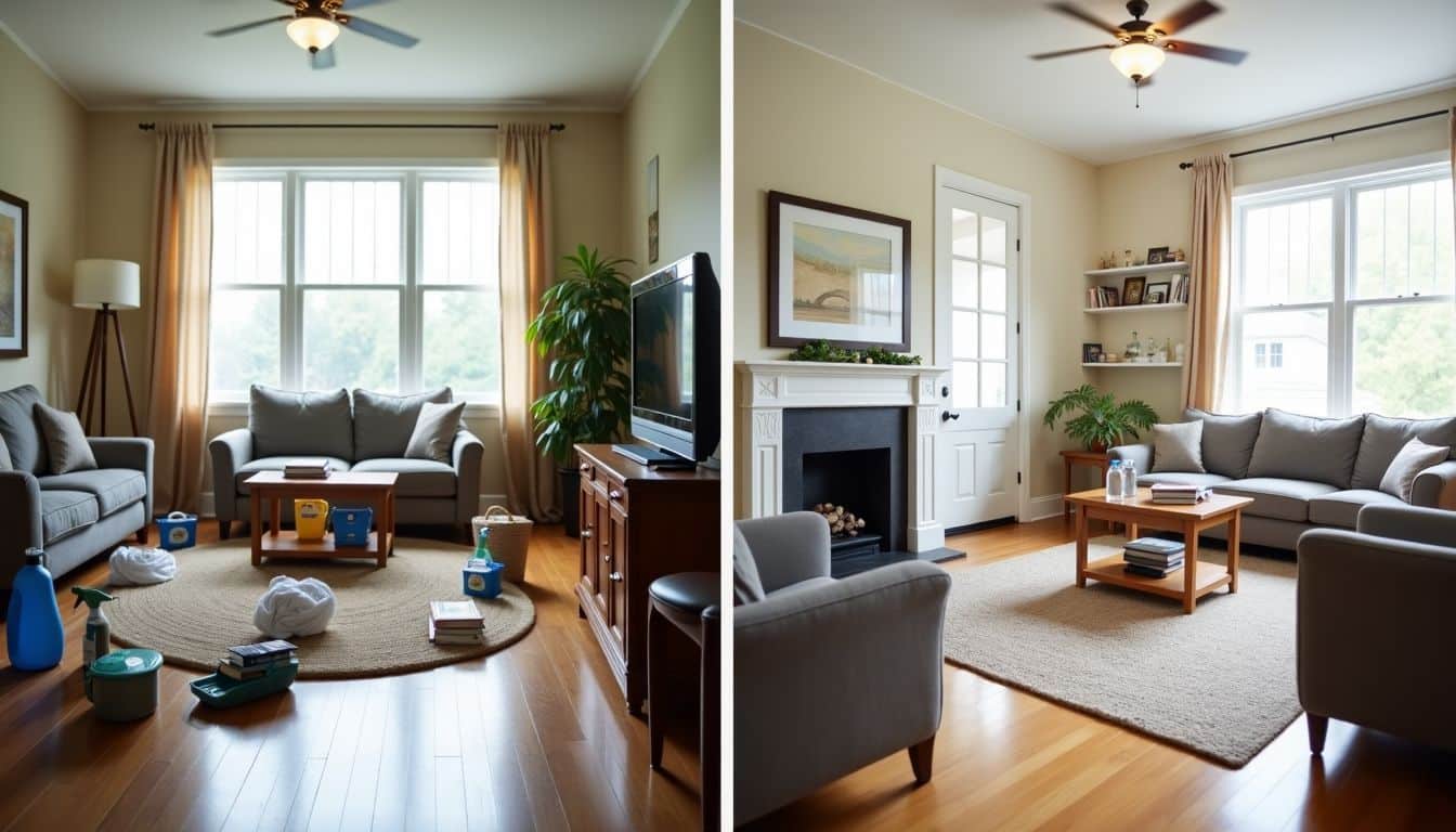 A comparison of DIY cleaning vs professional cleaning in living rooms.