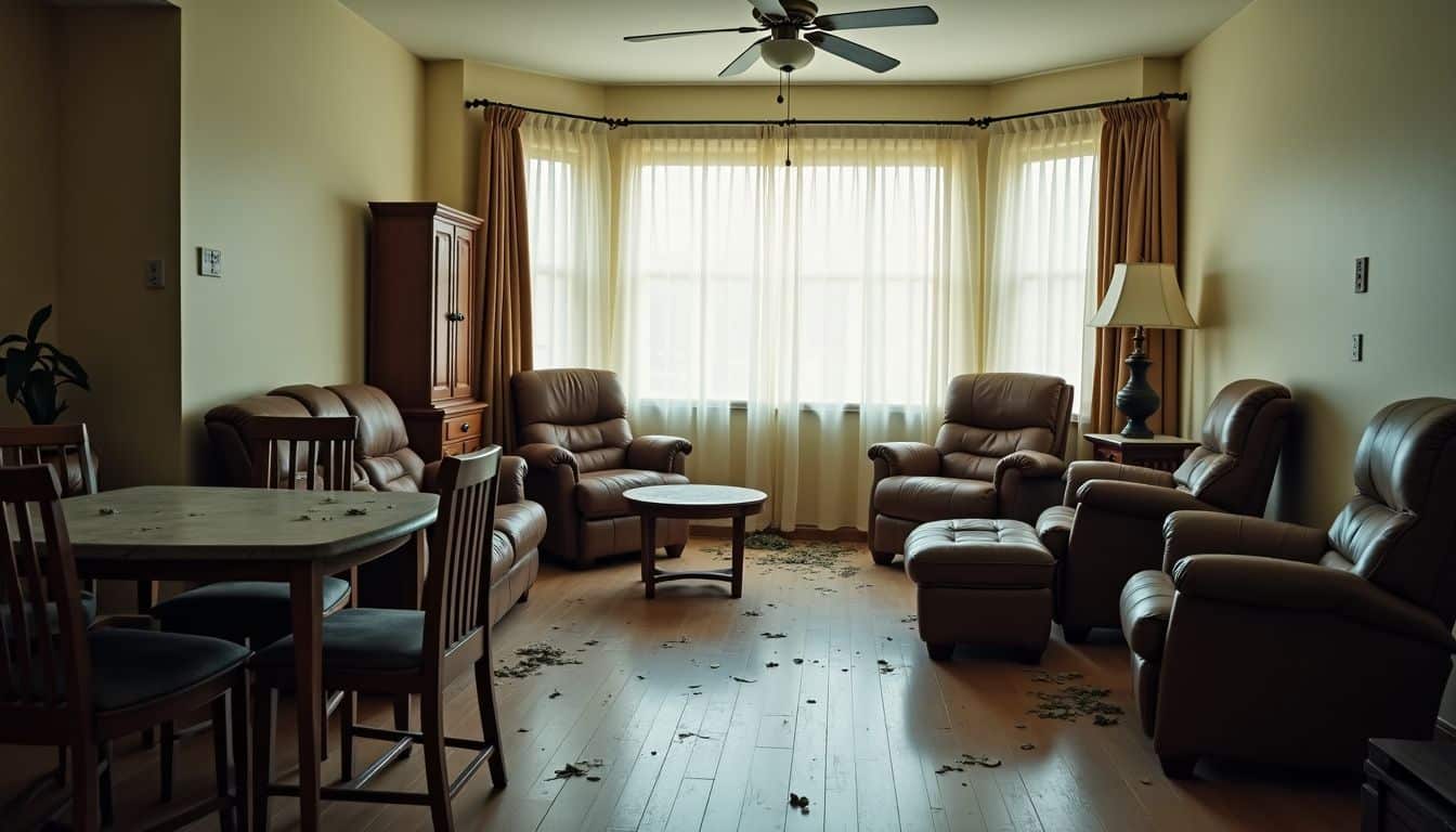 A cluttered living room with haphazardly arranged furniture and dusty surfaces.