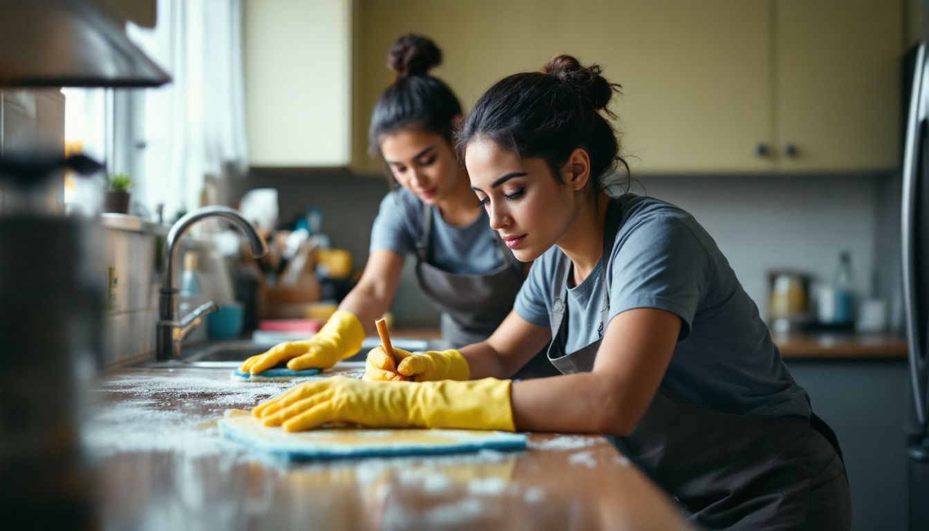 A team of cleaners diligently deep cleaning a kitchen.