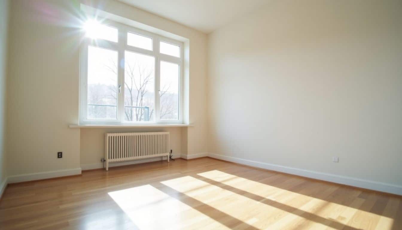 A clean, empty apartment with sparkling windows and freshly cleaned floors.