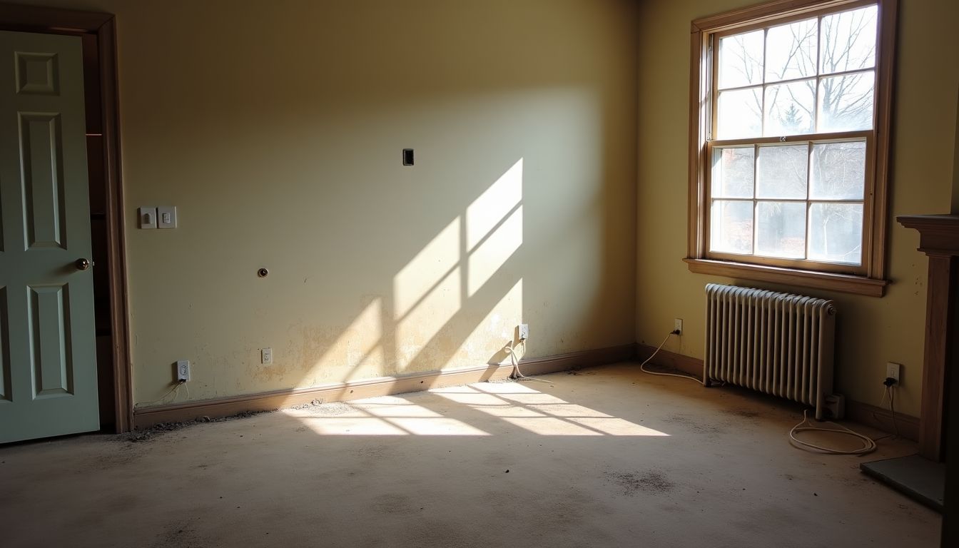 A cluttered, neglected living room in need of cleaning services before moving out.