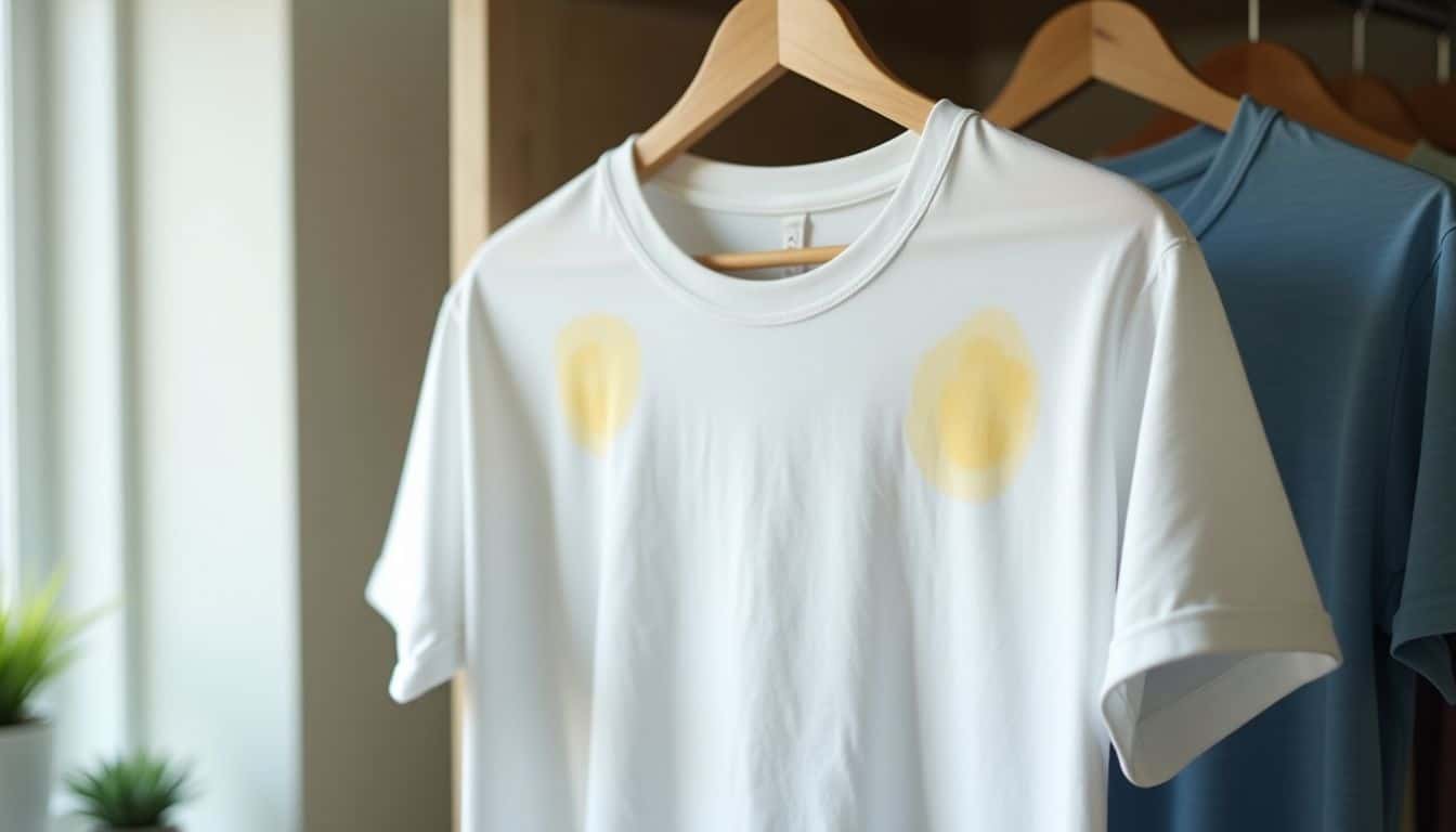 A white t-shirt with yellow stains hangs in a laundry room.