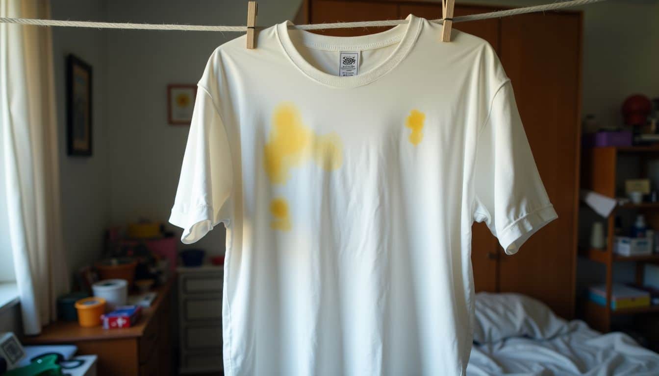 A white t-shirt with yellow deodorant stains hanging on a clothesline.