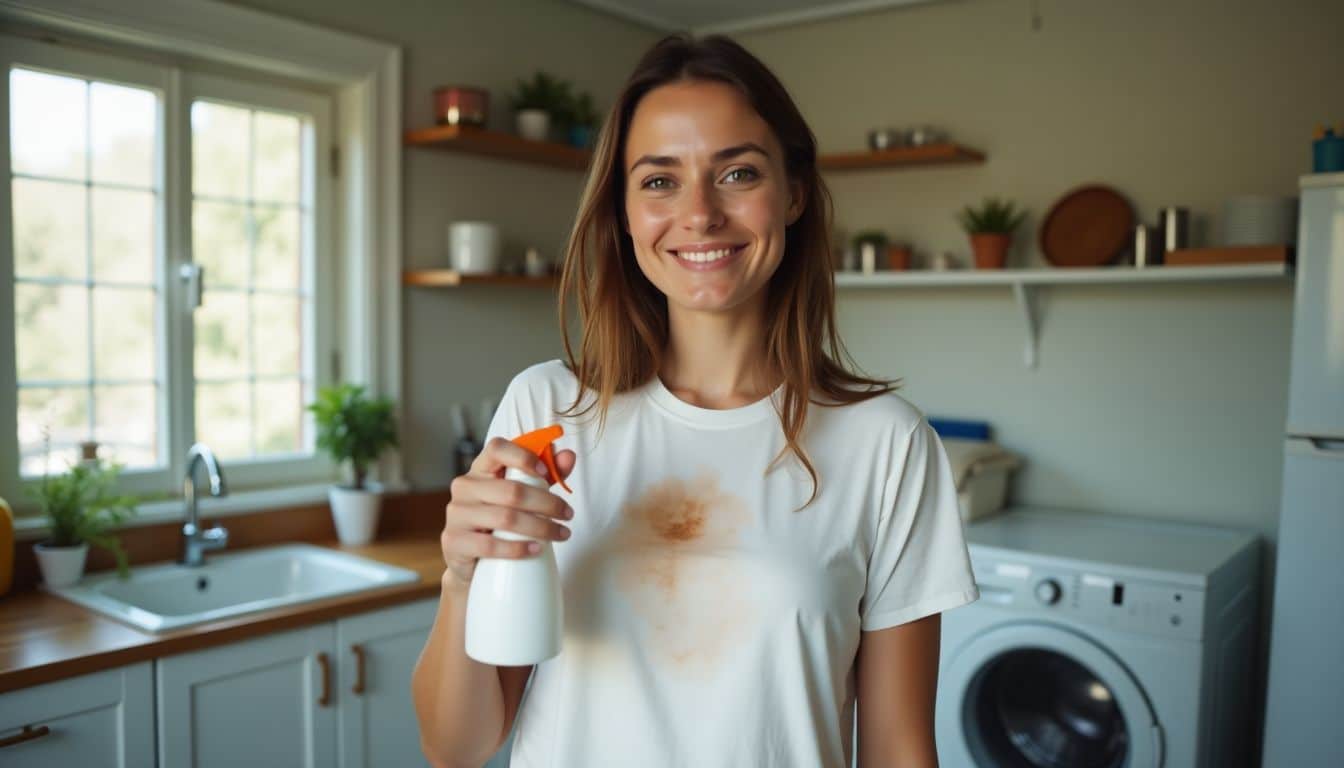 A woman confidently removes deodorant stain from a white shirt.