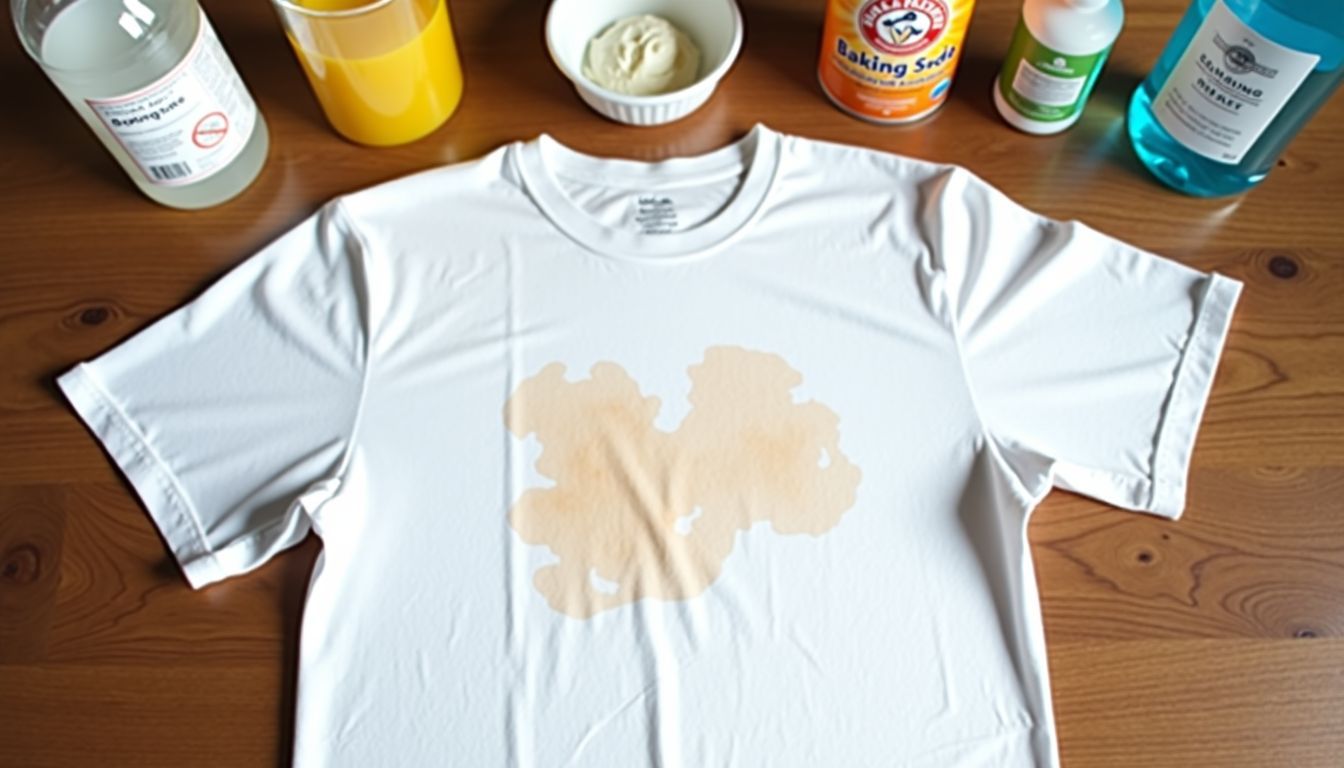 A white t-shirt with noticeable deodorant stains surrounded by cleaning supplies.