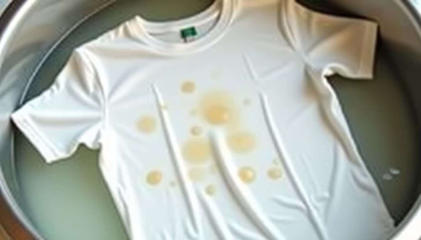 A white t-shirt with deodorant stains being treated in a bowl.