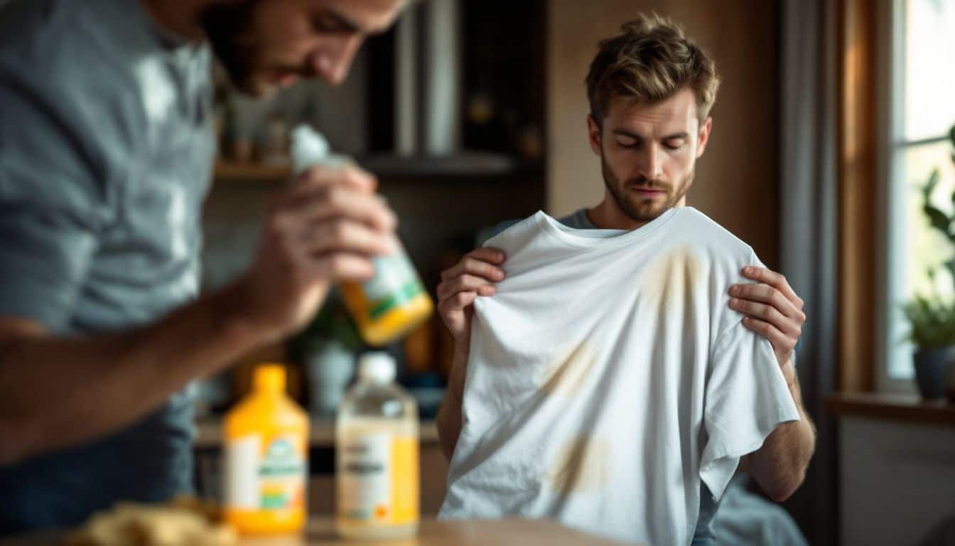 A man is applying white vinegar to remove deodorant stains from a shirt.