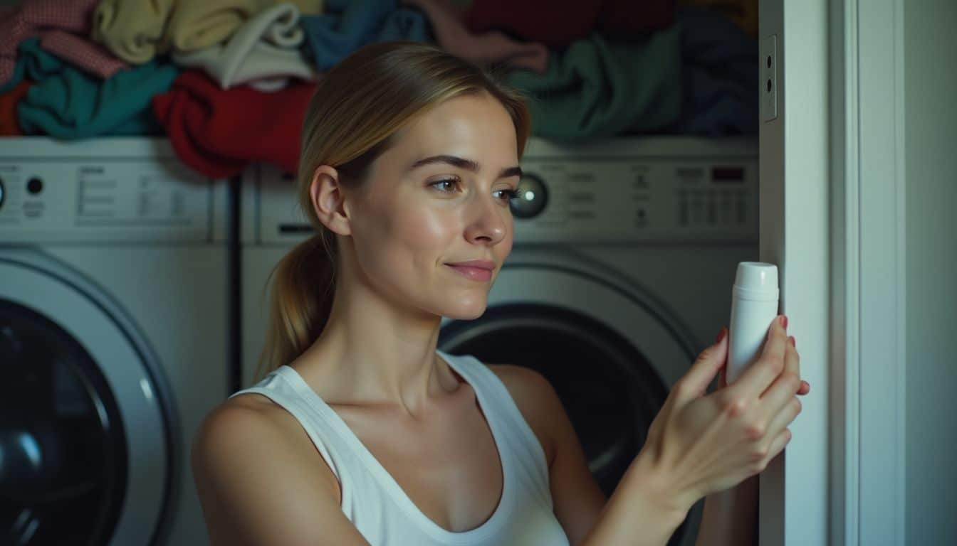 A person applying stain-resistant deodorant in a cluttered laundry room.