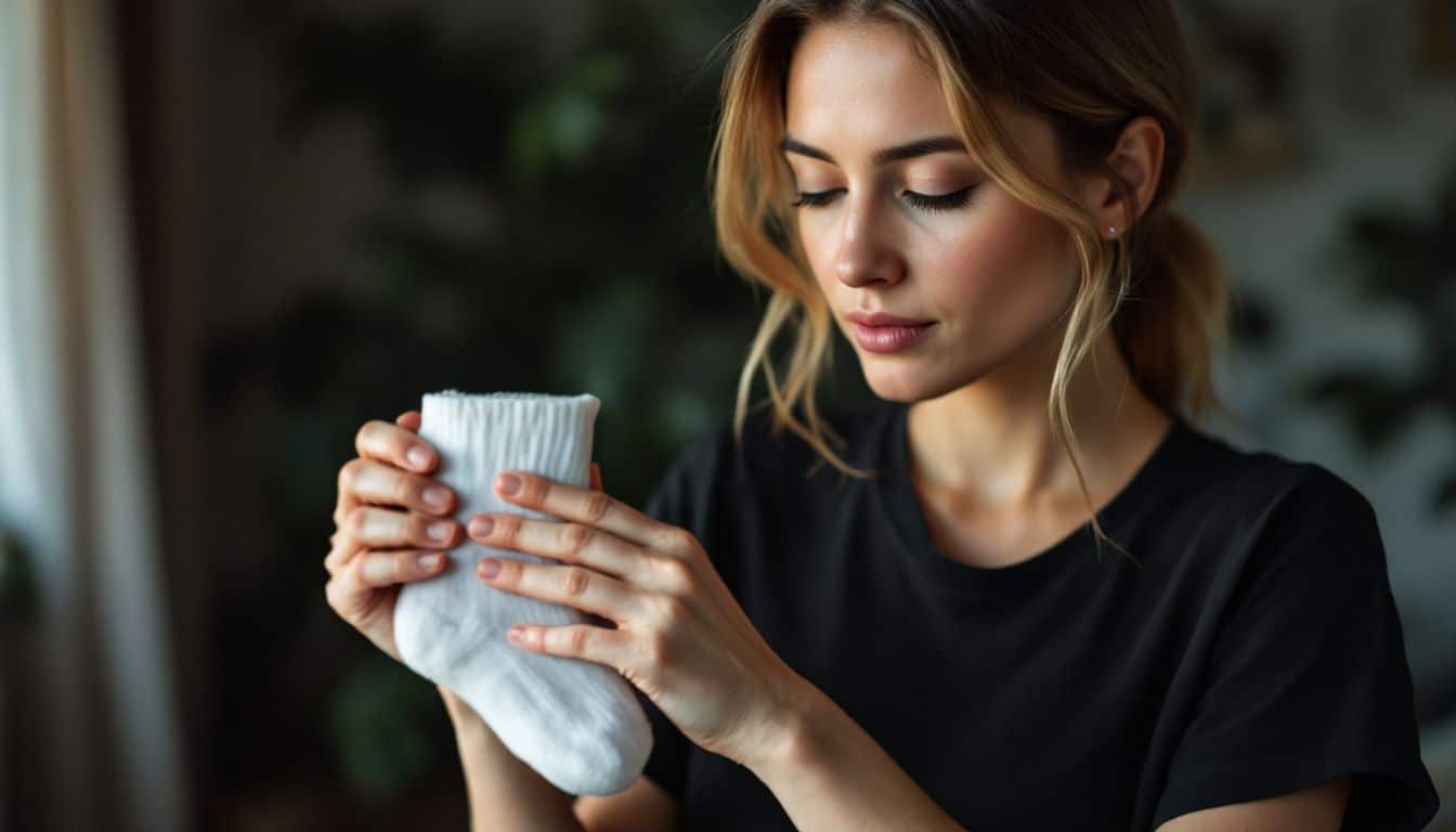 A woman is casually rubbing a sock on a deodorant mark.