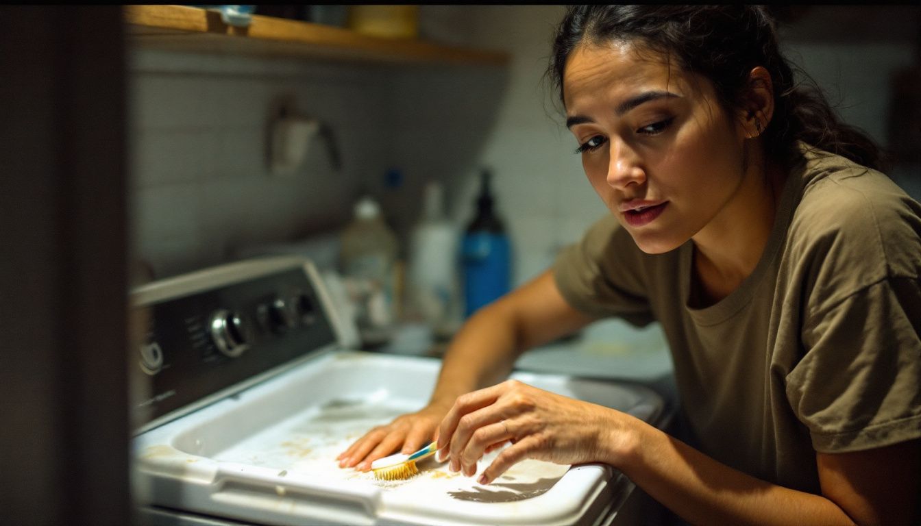 A person cleaning a detergent tray in a laundry room using vinegar.