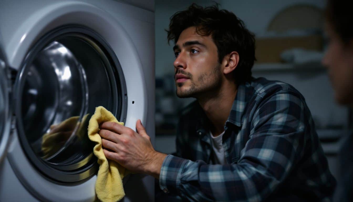 A person cleaning washing machine door gasket with a cloth.