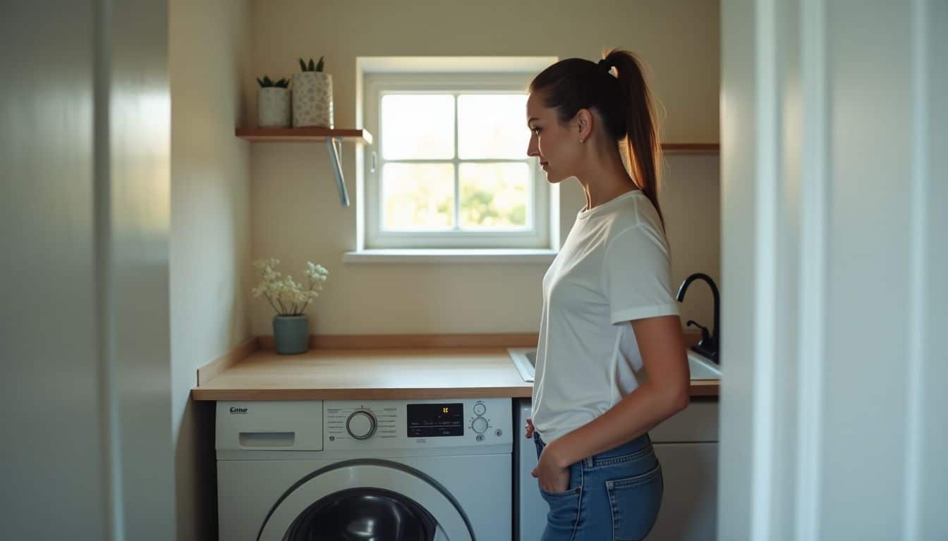 A woman stands near a front-loading washing machine in a tidy laundry room.